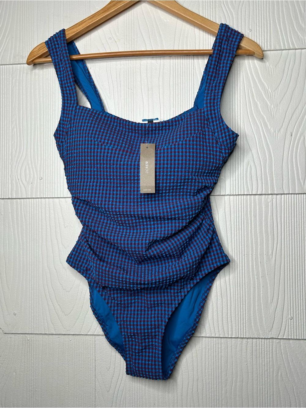J. Crew Blue and Red Micro-Check One-Piece Swimsuit